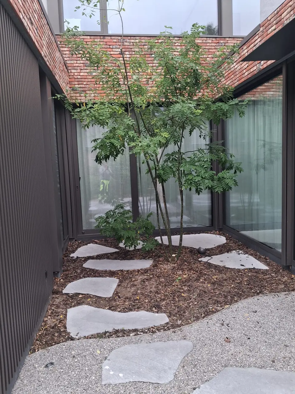 Patio met boom, stapstenen en grind in Bonheiden
